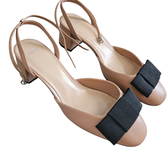 Mango Bow Tie Nude Block Heel Shoes Size 41/10 - Picture 1 of 6